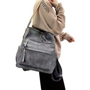 NWT Marled Gray Blue Large Backpack with gold zippers vegan faux leather